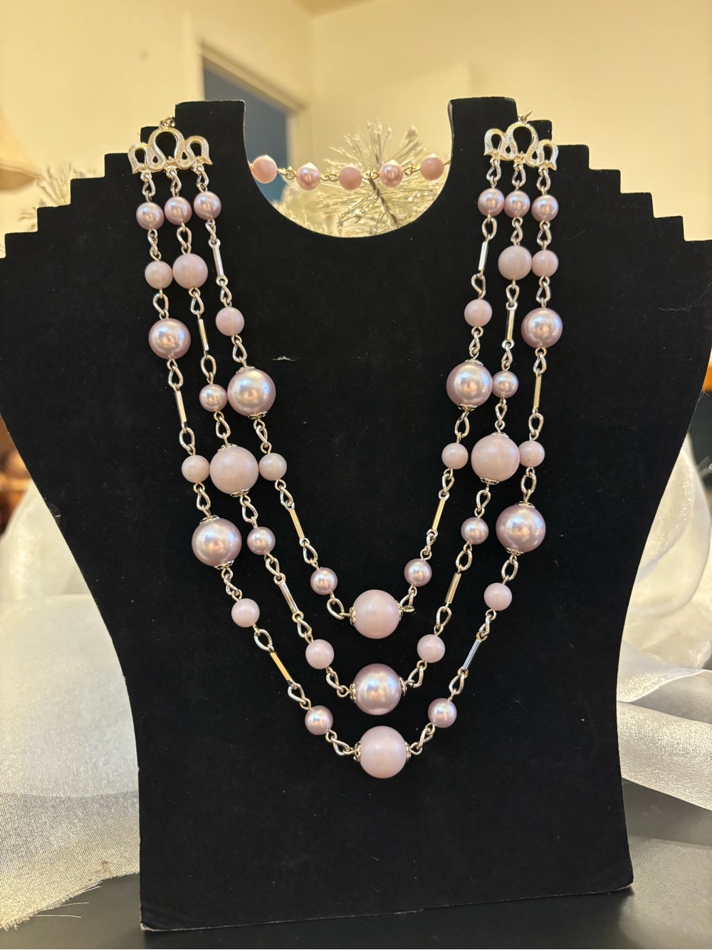 Vintage Layered Soft Pink Faux Pearl Necklace - Triple Strand